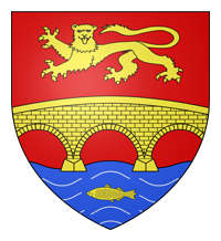 Blason de Pont-d'Ouilly : “de gueules au pont de trois arches d'or sur une rivire d'azur o nage un poisson aussi d'or, surmont d'un lopard du mme”.